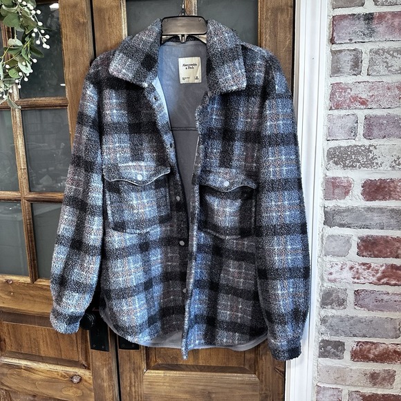 Abercrombie & Fitch Sherpa Plaid Shacket Blue & Mauve‎ Stripe Teddy Bear Medium - Picture 1 of 12